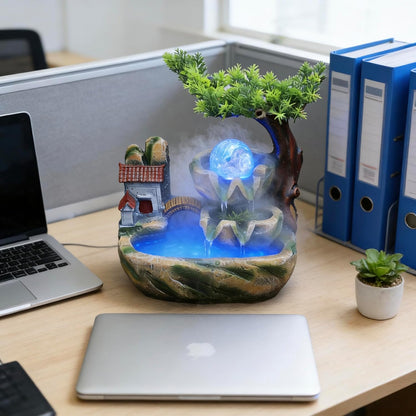 Mini Artificial Bonsai Tree Waterfall Fog Feature Rock Tabletop Fountain | 11in Desktop Decor Waterfall Fountain W/ Water Pump& Atomizer&LED Lights &Fake Tree Office Bedroom Relax