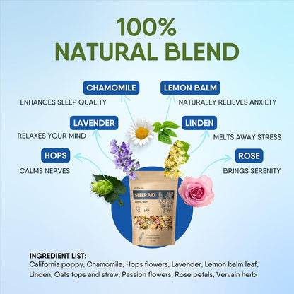 Sleep Aid Herbal Tea – Organic Calming Blend with Lemon Balm, Lavender, Linden, Chamomile, California Poppy, Passionflower, and Verbena – Supports Deep Sleep, Stress Relief and Relaxation