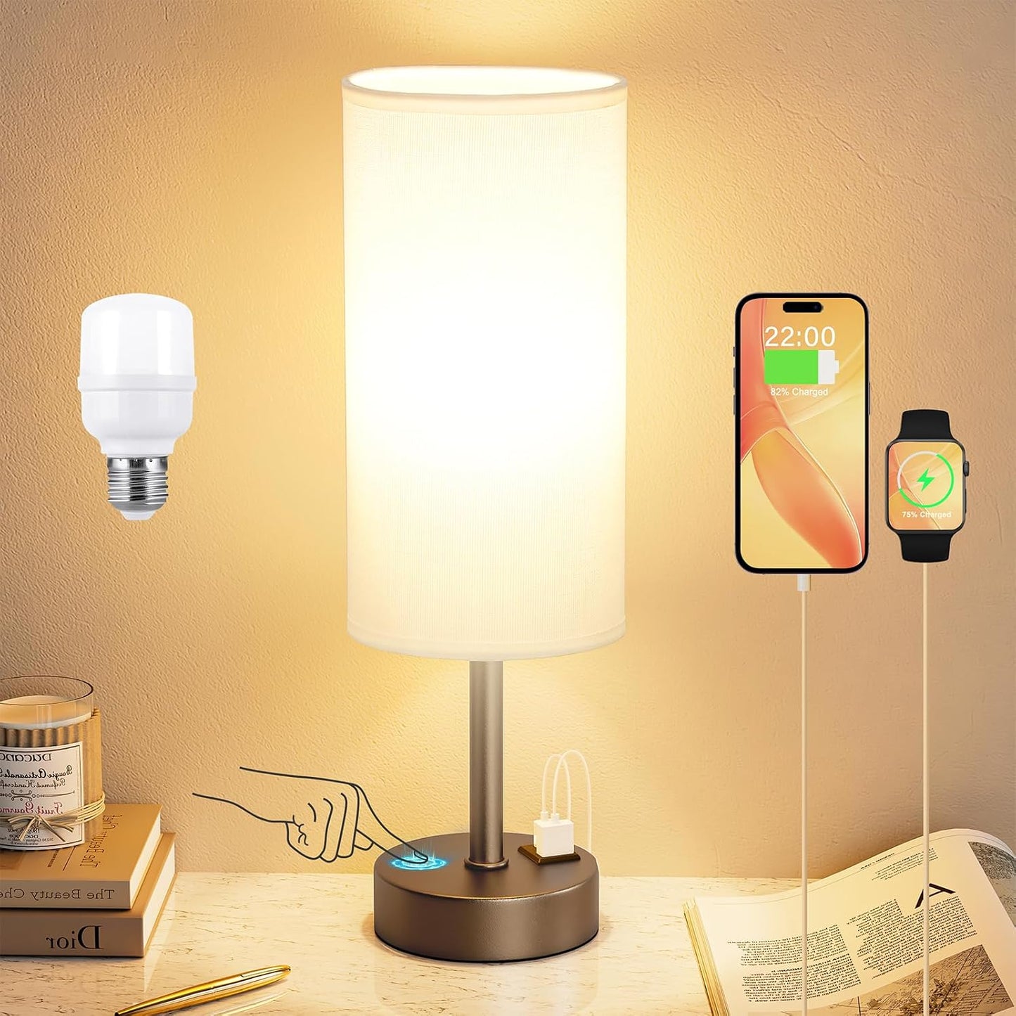 Dicoool Touch Table Lamp for Bedroom, 3 Way Dimmable Bedside Lamp with USB C & A Charging Ports - Small Desk Lamp for Dorm Room, College, Kids, Office, Living Room, White
