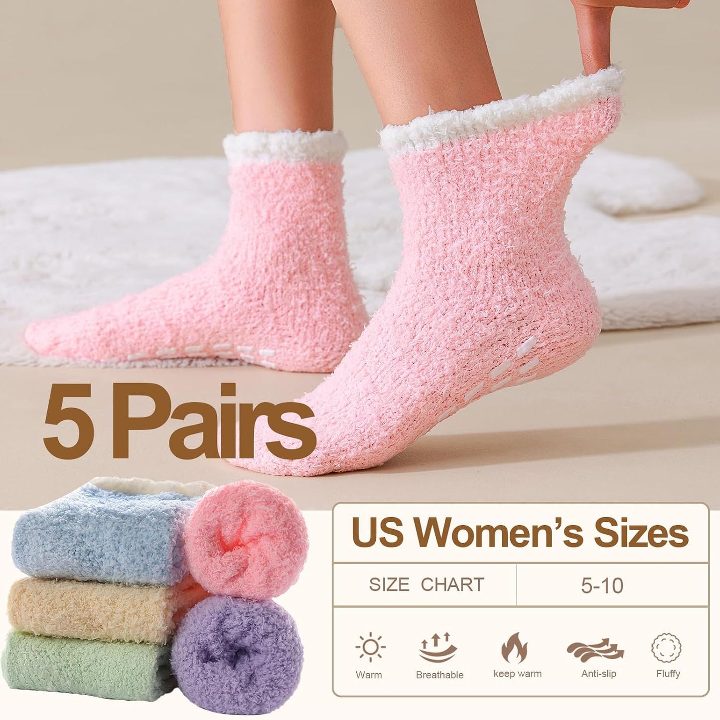 5 Pairs Fuzzy Socks with Grips for Women, Non Slip Cozy Fluffy Soft Socks, Winter Sleep Slipper Hospital