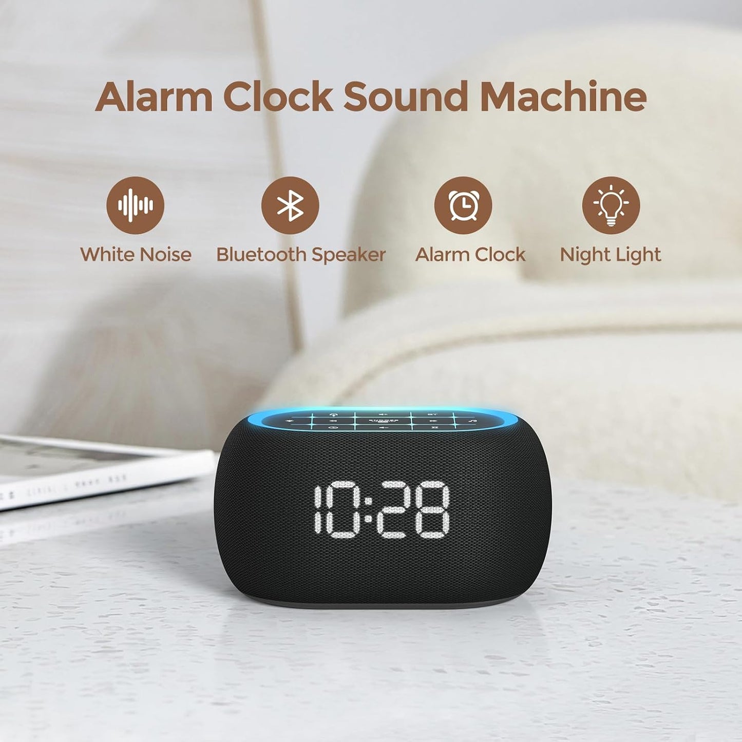 ANJANK White Noise Sound Machine Alarm Clock with Bluetooth Speaker, 21 Relaxing Sounds, 7 Night Lights,0-100% Dimmer/Sleep Timer/30-Level Volume Control,Sound Machine for Kids Adults Sleeping,Bedroom