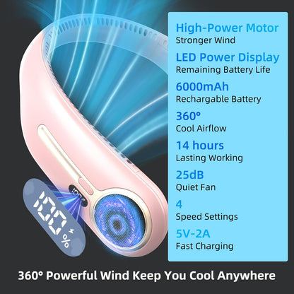 Portable Neck Fan, Personal Wearable Bladeless Fan, 6000mAh USB Rechargeable, 360° Airflow, LED Display, 4-Speeds, Hands Free Fan for Outdoor Indoor, Birthday Gifts for Men Women Dad Mom (Black)