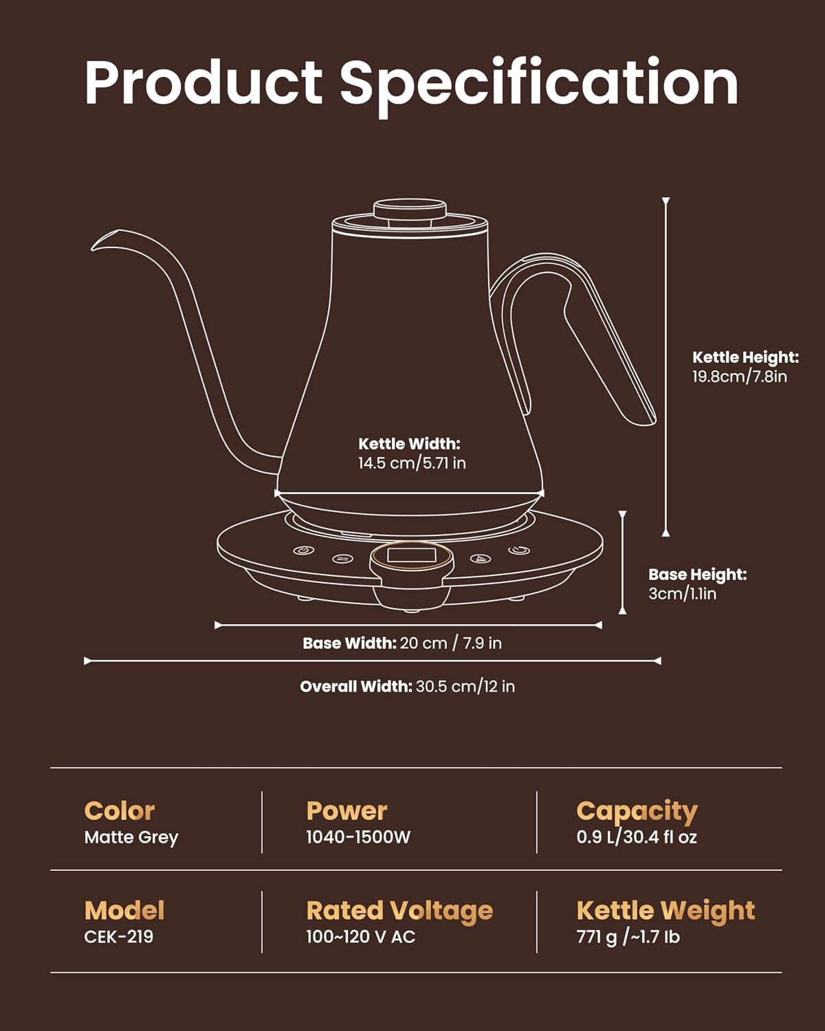 INTASTING Gooseneck Electric Kettle with ±1℉ Temperature Control 0.9 Liter