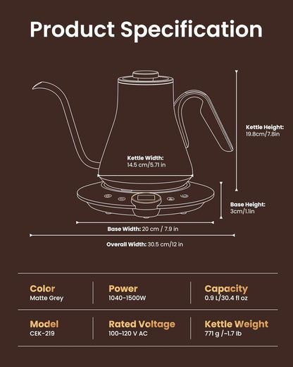 INTASTING Gooseneck Electric Kettle with ±1℉ Temperature Control 0.9 Liter
