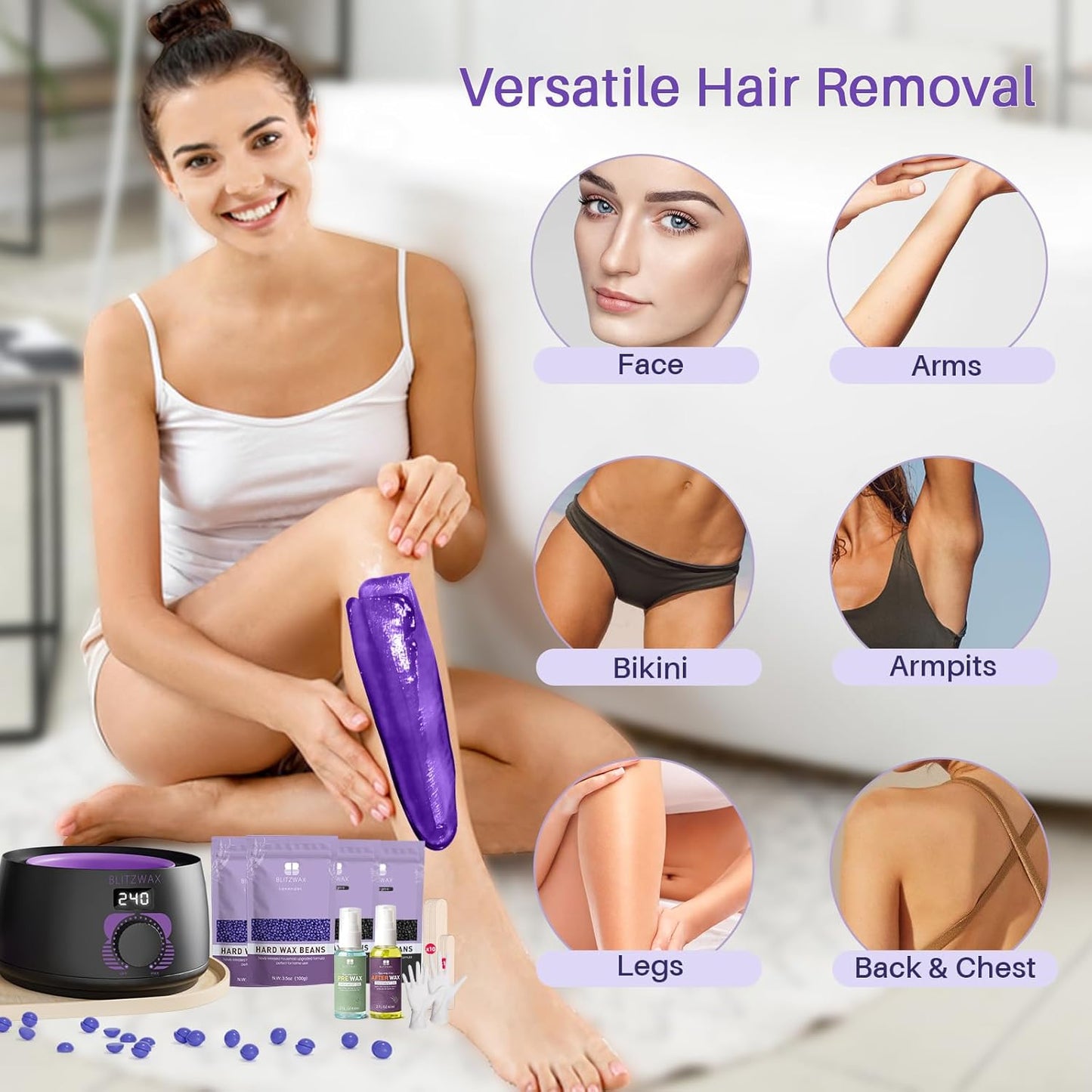 BLITZWAX Brazilian and Bikini Waxing Kit for Women, Hard Wax Warmer for Face, Legs and Body, At Home Hair Removal Kit, Beginner Friendly, Digital Fast Heating, 51 Wax Items