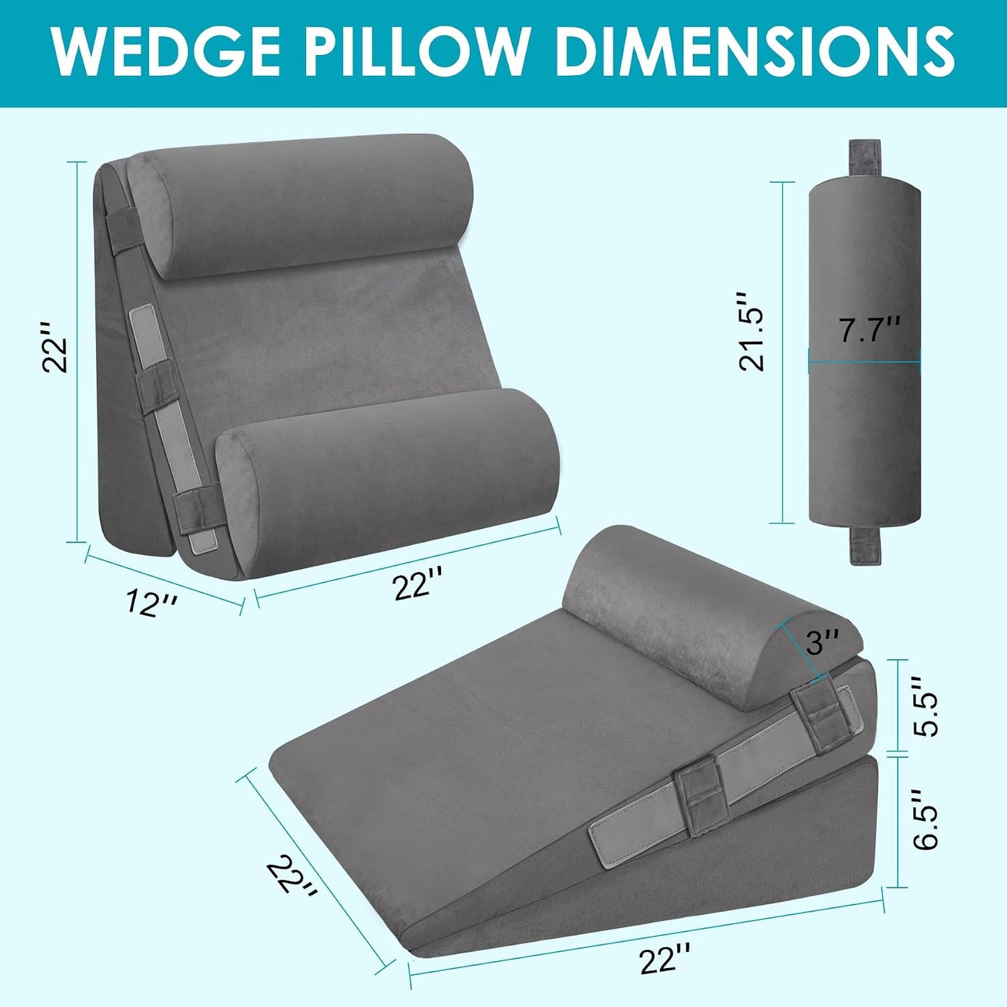 3Pcs Wedge Pillow Set for After Surgery,Acid Reflux Relief, Adjustable Bed Wedge Pillows for Sleeping,Anti Snore, Memory Foam Triangle Pillow for Back&Neck&Shoulder Pain Relief, White&Grey