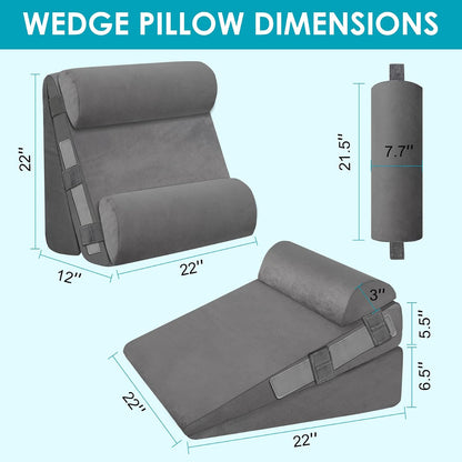 3Pcs Wedge Pillow Set for After Surgery,Acid Reflux Relief, Adjustable Bed Wedge Pillows for Sleeping,Anti Snore, Memory Foam Triangle Pillow for Back&Neck&Shoulder Pain Relief, White&Grey