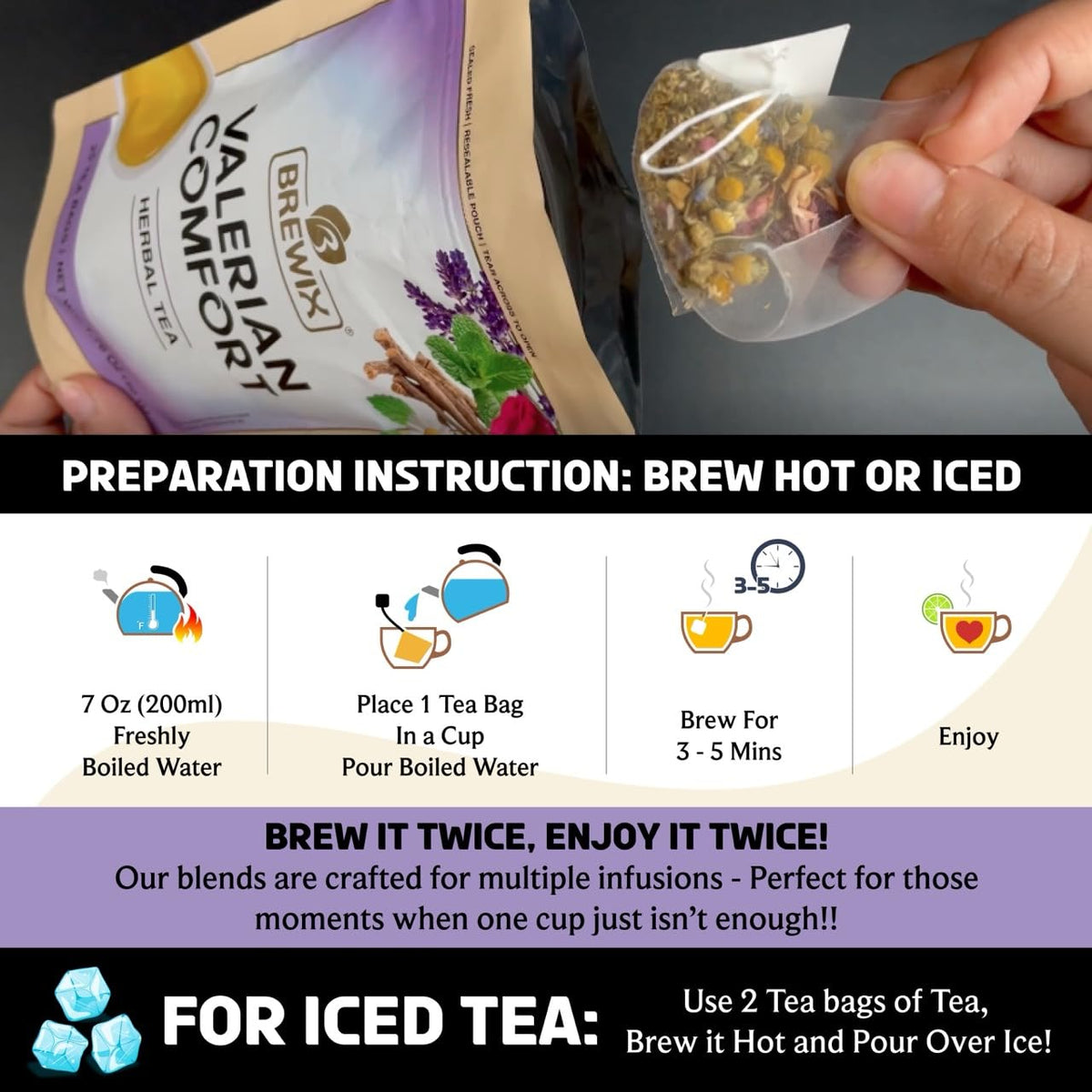 BREWIX, Valerian Comfort Tea for Sleep and Relaxation (25 Pyramid Bags) Caffeine-Free and Calming for Bedtime | Valerian Root, Chamomile & Lavender | Perfect Wellness Sleep