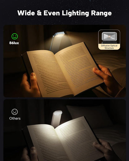 86lux Book Light, Rechargeable Clip-On LED Reading Light for Bed & Night Use - 3 Color Temperatures with Stepless Dimming, Ultralight Bookmark Design for Book Lovers, Grey