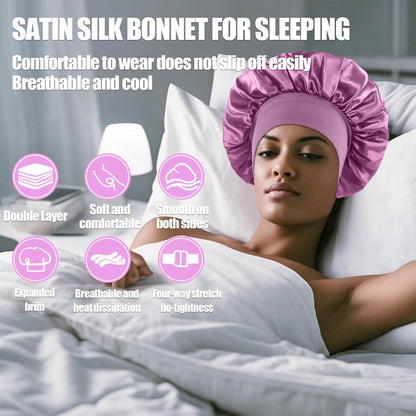 4PCS Silk Satin Bonnets for Black Women & Men - Elastic Wide Band Hair Wrap Cap for Curly Hair - Shower Cap for Sleeping (Black, Peacock Blue, Pink, Khaki)