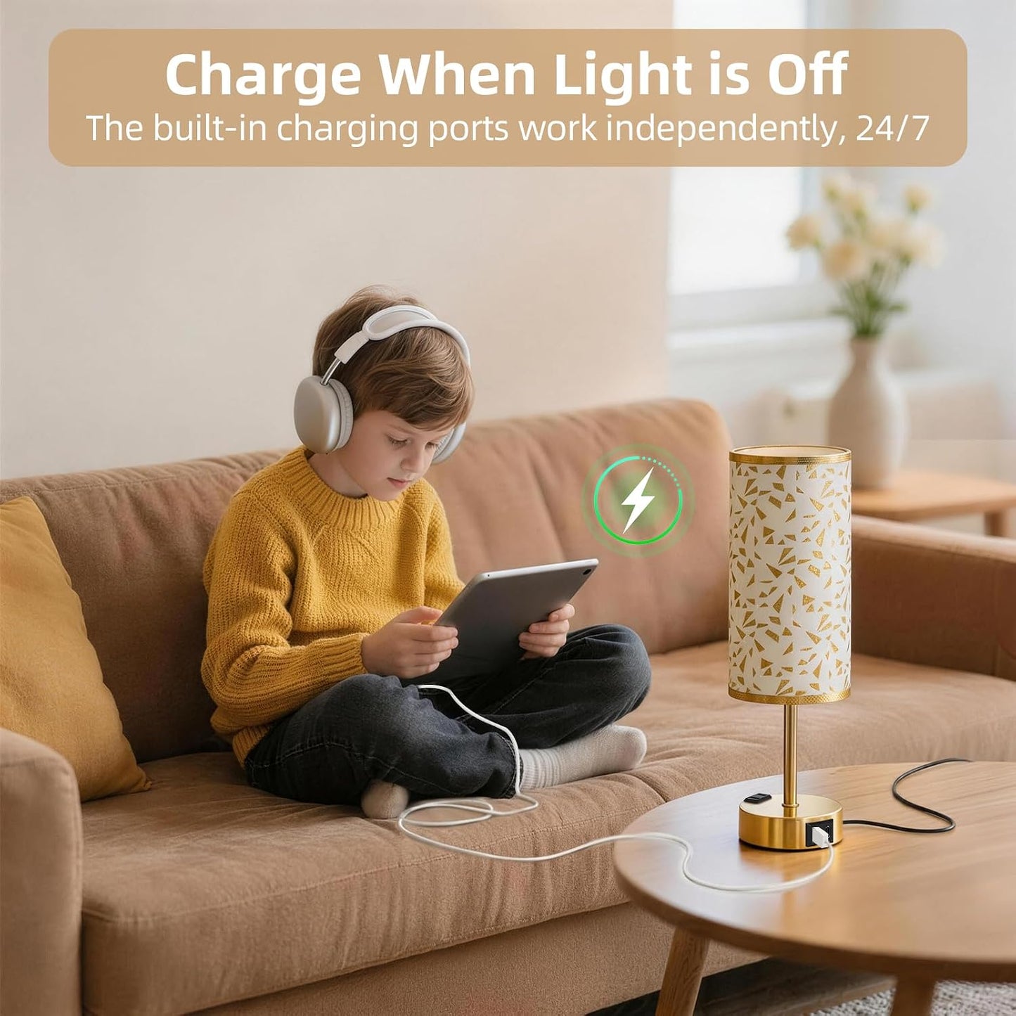 Table Lamp for Nightstand, High-Sensitivity Touch, 3-Level Dimmable Bedside Lamp with AC Outlet | USB | and USB-C, Ideal Night Stand Lamp for Bedroom, Reading, Living Room(Warm&Wooden)