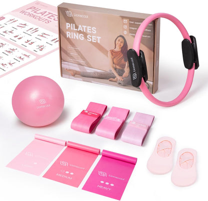 LIONSCOOL Pilates Ring Set – 14" Anti-Deformation Magic Circle with Padded Handles, Mini Ball, Resistance Bands, Guide & Bag