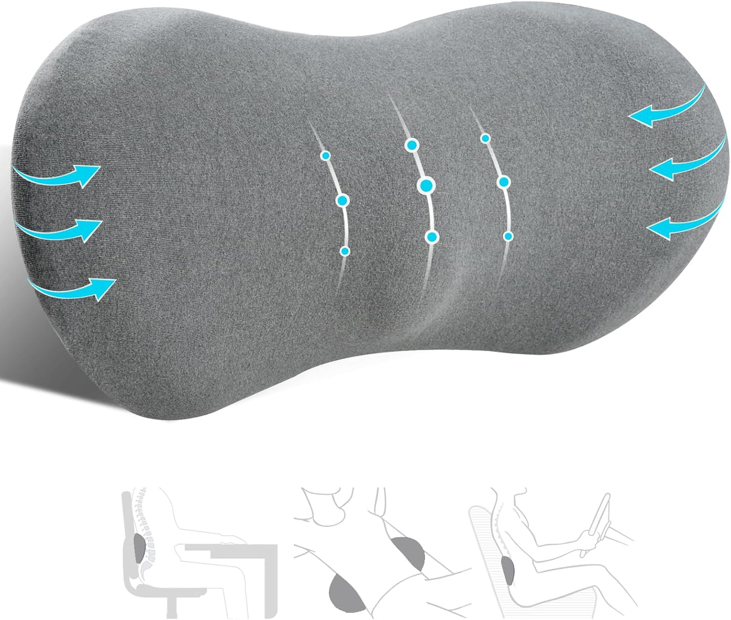 kasney Lumbar Support Pillow, Back Pillow for Low Back Pain Relief, Ergonomic Streamline Car Seat, Office Chair, Recliner and Bed (Gray)
