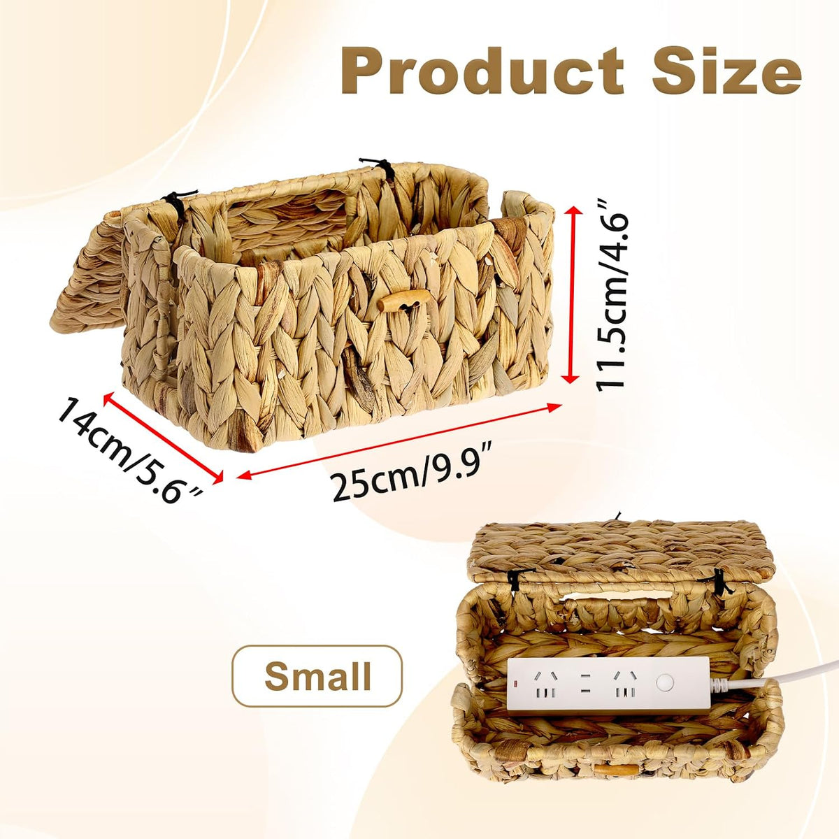 BTSKY Woven Cable Management Box with Lid Water Hyacinth Cord Organizer, S