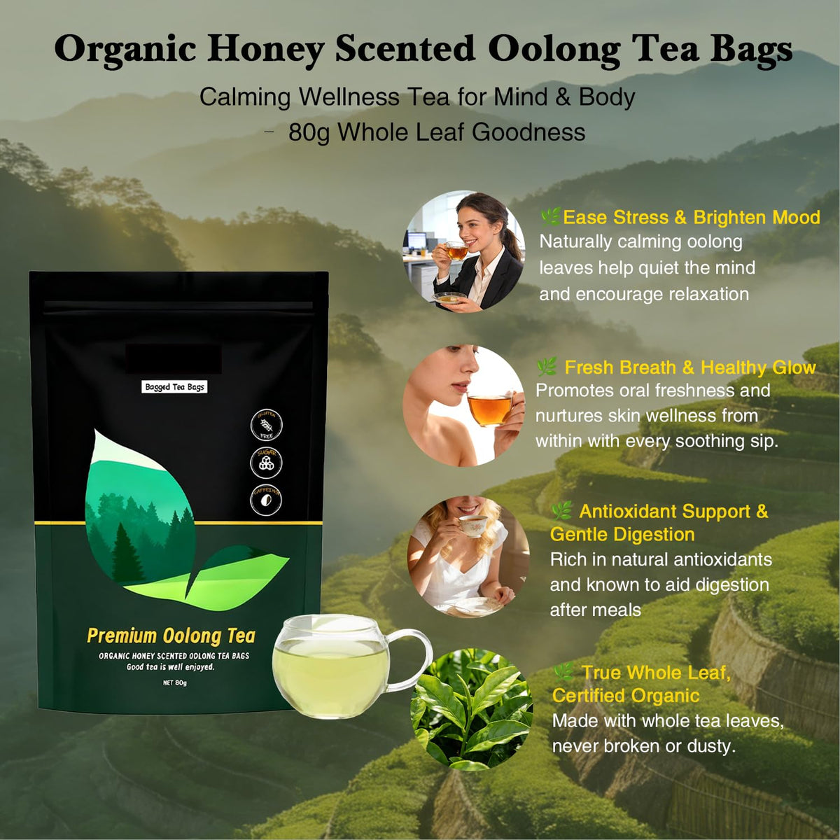 Organic Whole Leaf Oolong Tea Bags | Calming & Relaxing Tea for Daily Stress Relief, Cortisol Balance & Digestive Ease | 20 Bags of Premium Loose Leaf Style Tea | Vegan, Non-GMO | Perfect for Morning Focus & Evening Unwind