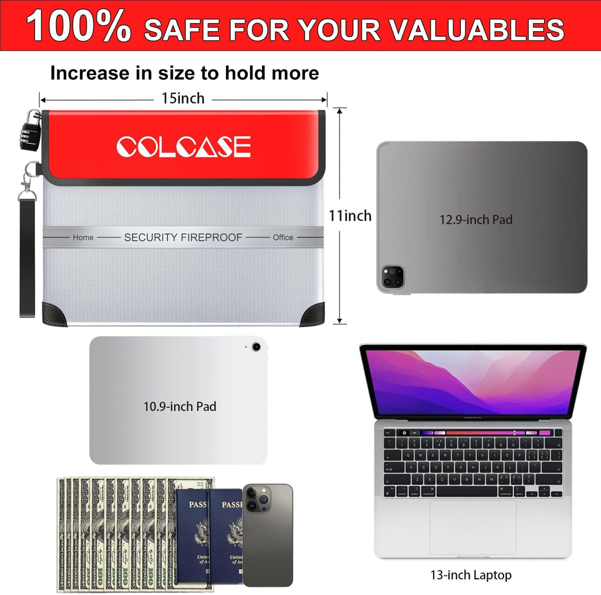 COLCASE Fireproof Document Bag 5200℉ Heat Insulated Waterproof Fireproof