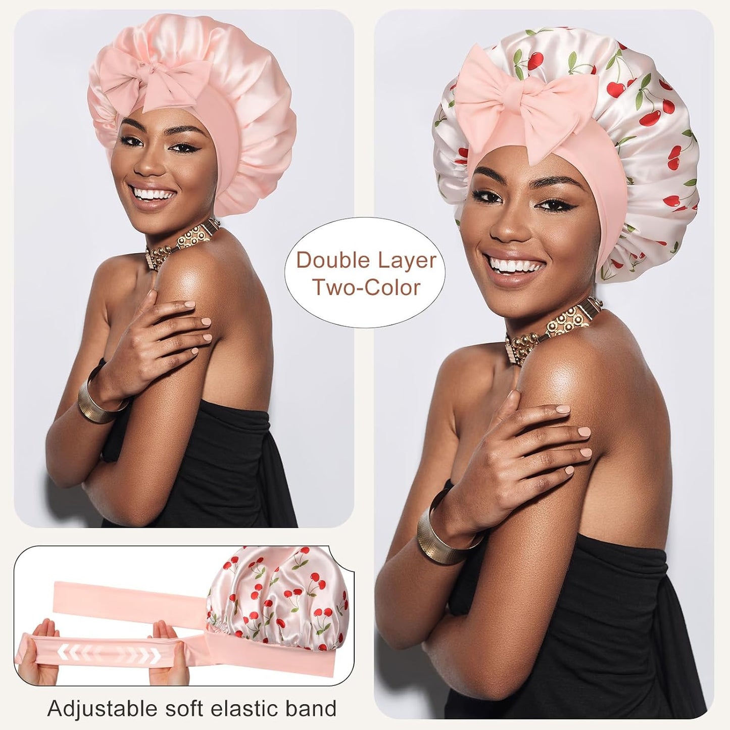 Satin Bonnet for Sleeping Cap Double Layer Hair Bonnet with Elastic Tie Band for Curly Hair Night Cap (Bean Paste + Pink)