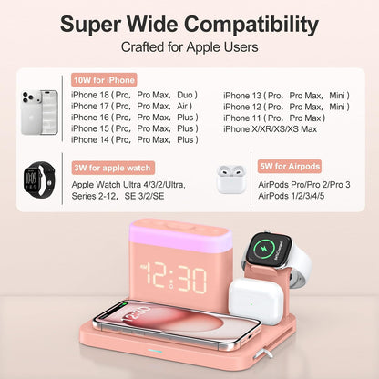 ANJANK Wireless Charging Station,5 in 1 Multiple Charger Stand with Alarm Clock,7 Night Light,Magnetic Charging Dock for iPhone 18 17 16 15 14 13 Pro Max Plus,Apple Watch 11/10/9/8,for Airpods,Bedroom