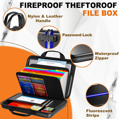 Fireproof Document Organizer with Lock, Semi-Rigid EVA Shell File Box with 13-Pocket Accordion Folder, Water-Resistant Storage for Important Documents, Passports & Certificates