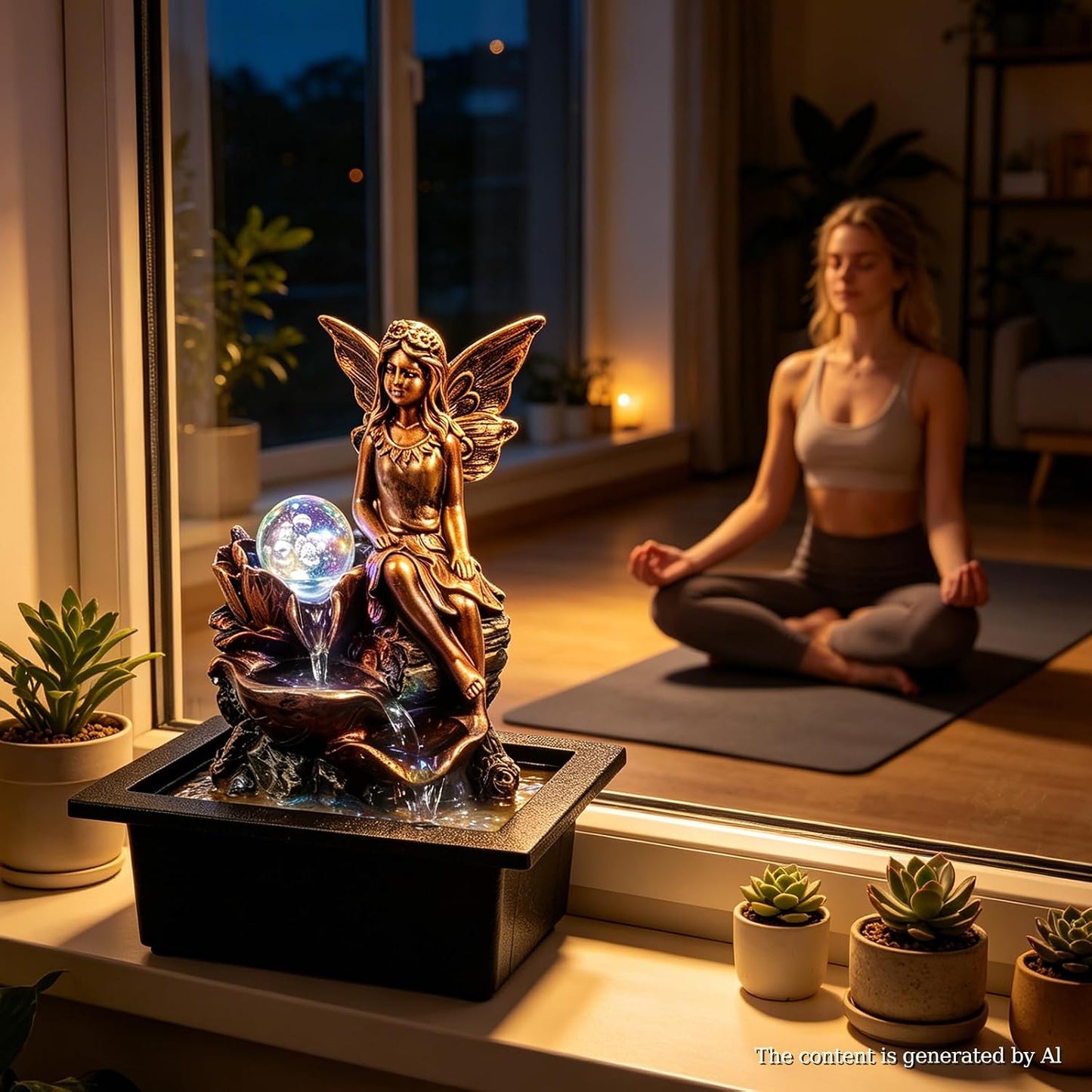 GOESWELL Water Fountain for Indoor Tabletop: Antique Bronze Fairy Statue Tabletop Waterfall with Rotating Crystal Ball for Desk - Small Zen Meditation Decor for Home Office Bedroom Relaxation