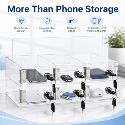 YOUNTHYE 6 Slot Cell Phone Locker, Clear Acrylic Phone Lock Box with Individual Keys, Wall Mounted Phone Storage Cabinet for Classroom, Office, Employees, Meetings and Small Teams