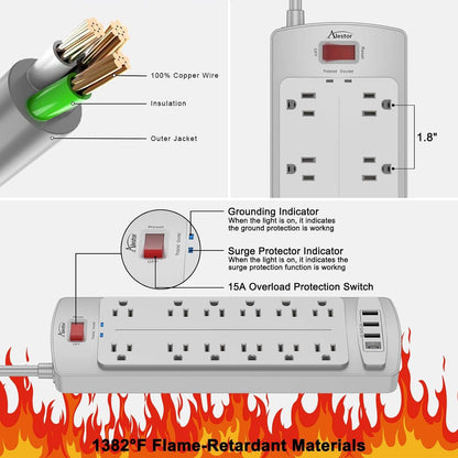 ALESTOR 6 Ft Surge Protector Power Strip with 12 Outlets and 4 USB Ports