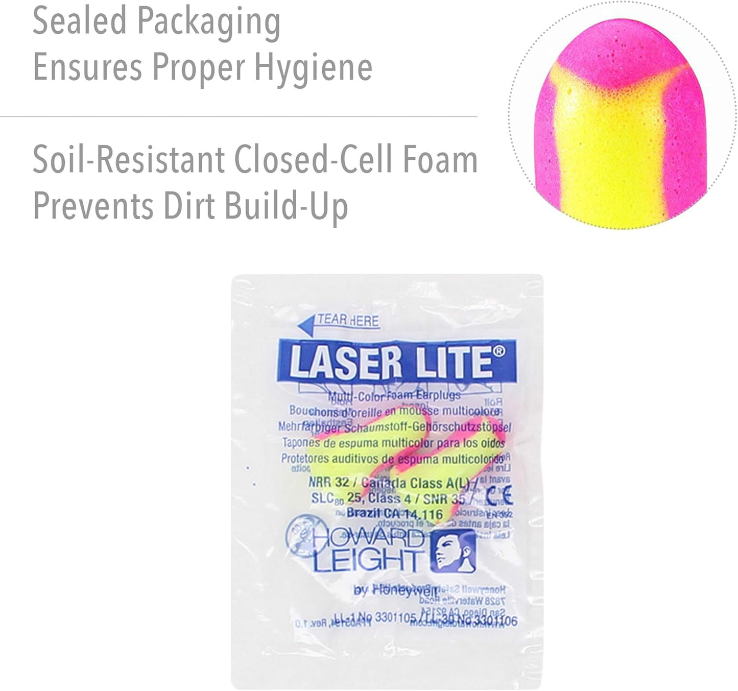 Howard Leight by Honeywell Laser Lite High Visibility Disposable Foam Earplugs, Pink/Yellow , 200-Pairs (LL-1) - 3301105