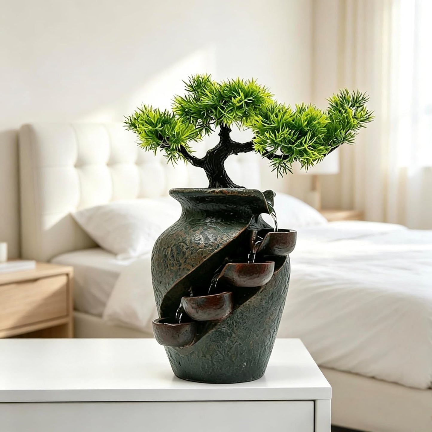Mini Artificial Bonsai Tree Waterfall Fog Feature Rock Tabletop Fountain | 11in Desktop Decor Waterfall Fountain W/ Water Pump& Atomizer&LED Lights &Fake Tree Office Bedroom Relax