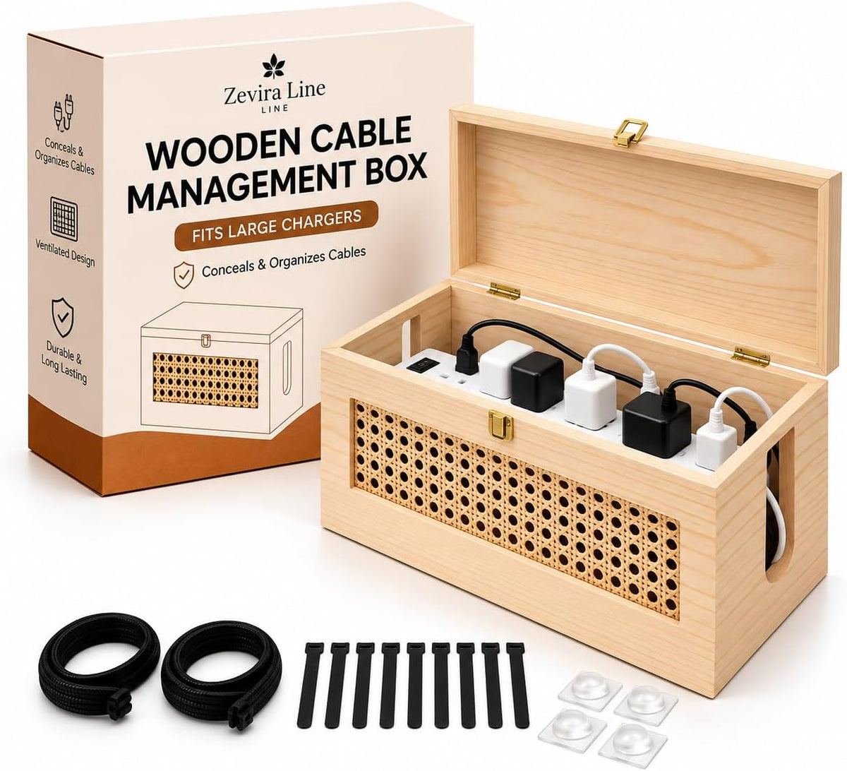 Wooden Cable Management Box - 15 x 6.5 x 6.3 in - Power Strip Organizer