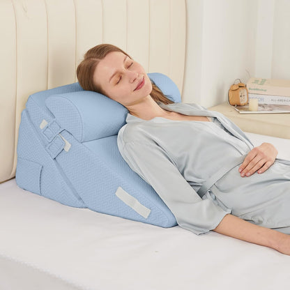 Sasttie Wedge Pillow Set for After Surgery, 2PCS Adjustable Bed Wedge Pillow Headboard with Memory Foam Neck Cushion – for Acid Reflux, Sleeping, Neck & Back Support, Dark Grey & White
