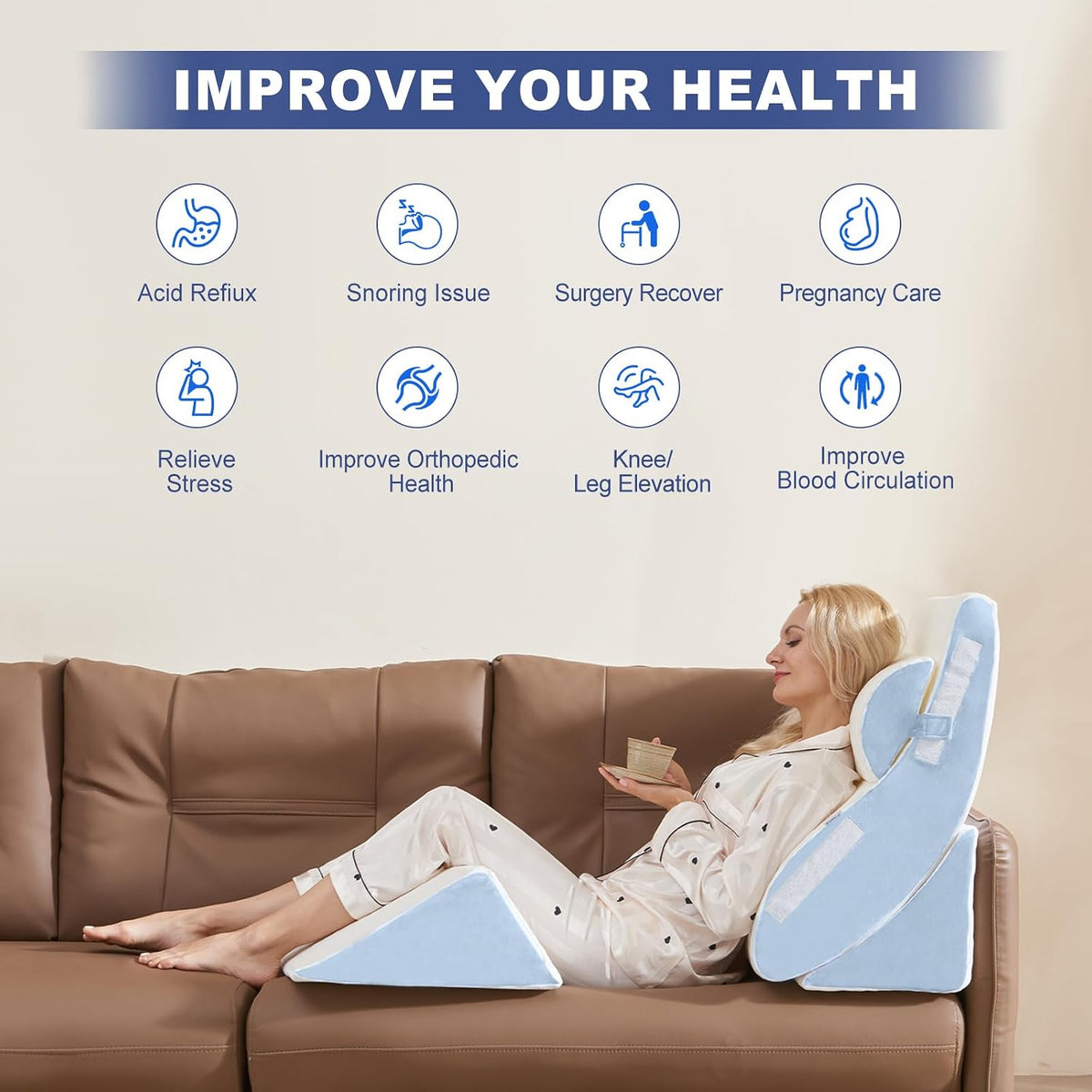 4PCS Orthopedic Bed Wedge Pillow Set for Sleeping, Post Surgery Foam Support Pillows for Back, Neck and Leg Pain Relief, Adjustable Triangle Pillow – Acid Reflux, GERD & Snoring Recovery, White Grey