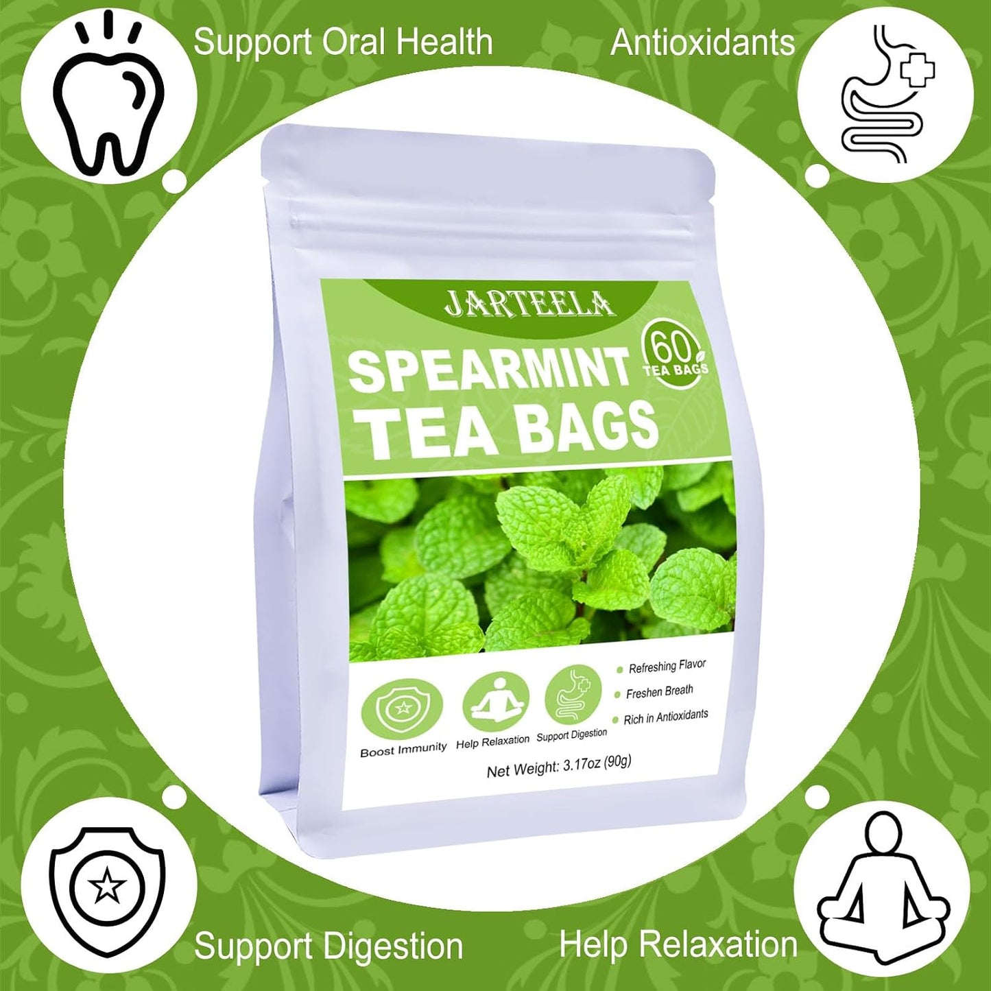 Jarteela Lemon Balm Tea, 1.5g x 60 Count - Natural Melissa Officinalis - Pyramid Herbal Lemon Balm Tea Bags for Digestion - Non-GMO - Caffeine-Free