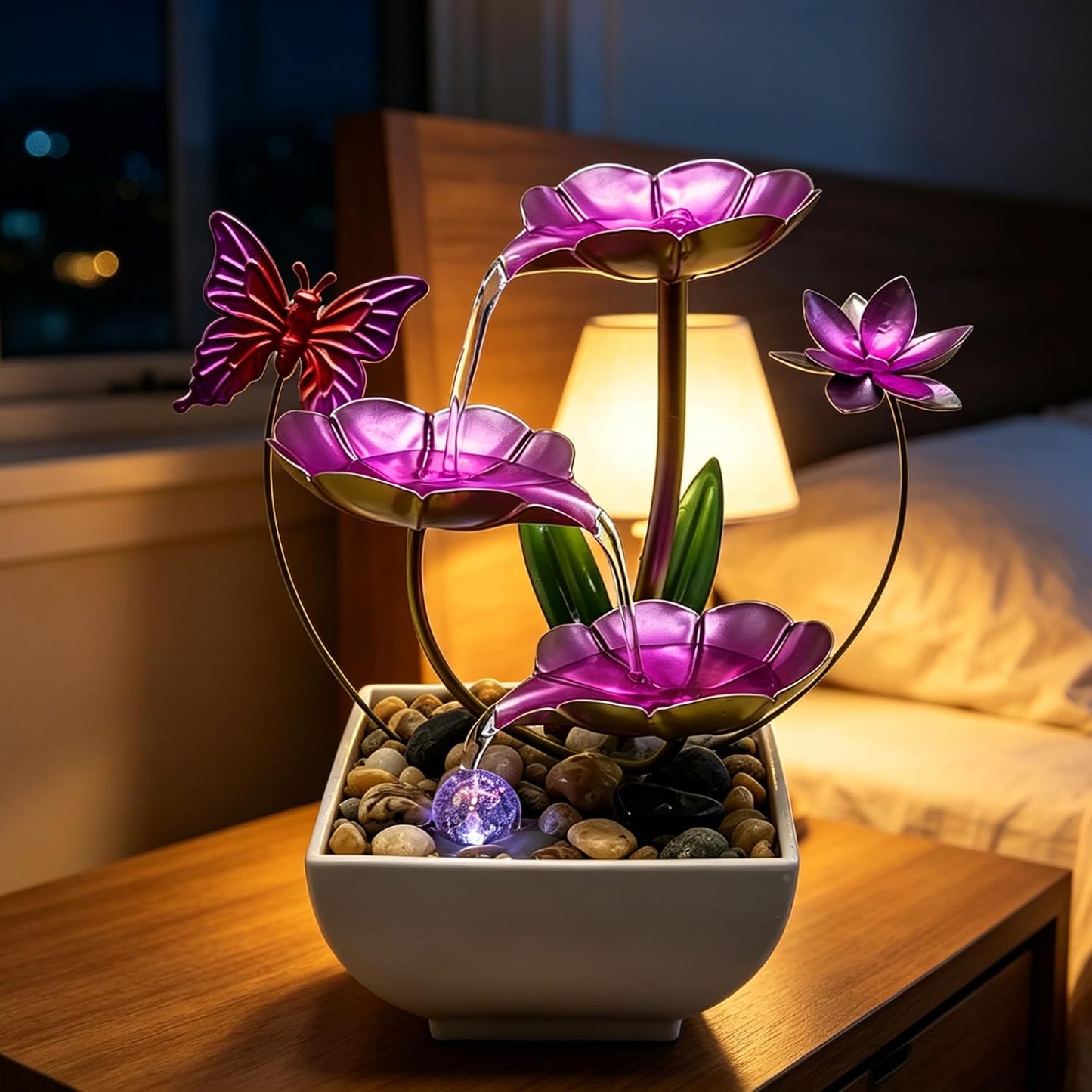 Tabletop Fountain,Indoor Water Fountain,Home Fengshui Décor Zen Relaxation Soothing Sound Machine for Office,Living Room,or Bedroom,Green Lotus,Hummingbird & Pink Flower,9.1inch