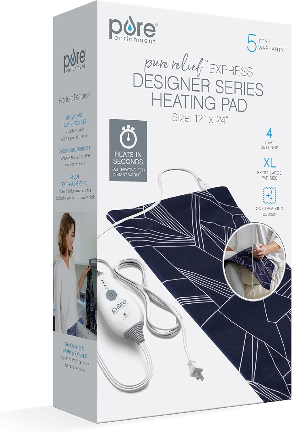 Pure Enrichment PureRelief Express Designer Series Electric Heating Pad - 12” x 15” Fast-Heating with 4 Heat Settings, Machine-Washable Fabric, & 2-Hour Auto Safety Shut-Off - Cerulean Diamond
