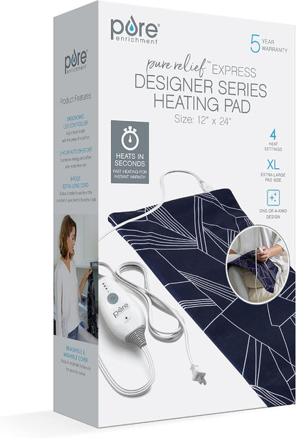Pure Enrichment PureRelief Express Designer Series Electric Heating Pad - 12” x 15” Fast-Heating with 4 Heat Settings, Machine-Washable Fabric, & 2-Hour Auto Safety Shut-Off - Cerulean Diamond