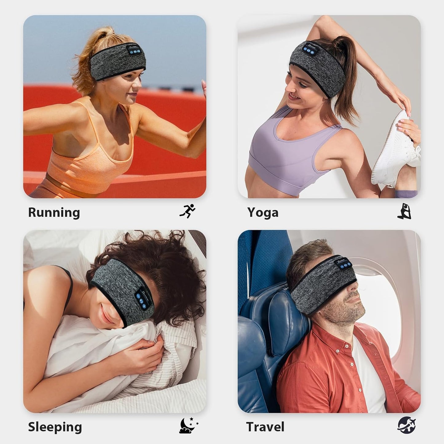 Adjustable Headband Headphones, Sleeping Headphones with Ultra-Thin Speakers, Bluetooth Headband for Side Sleepers, Yoga, Running, Workout, Travel-Grey