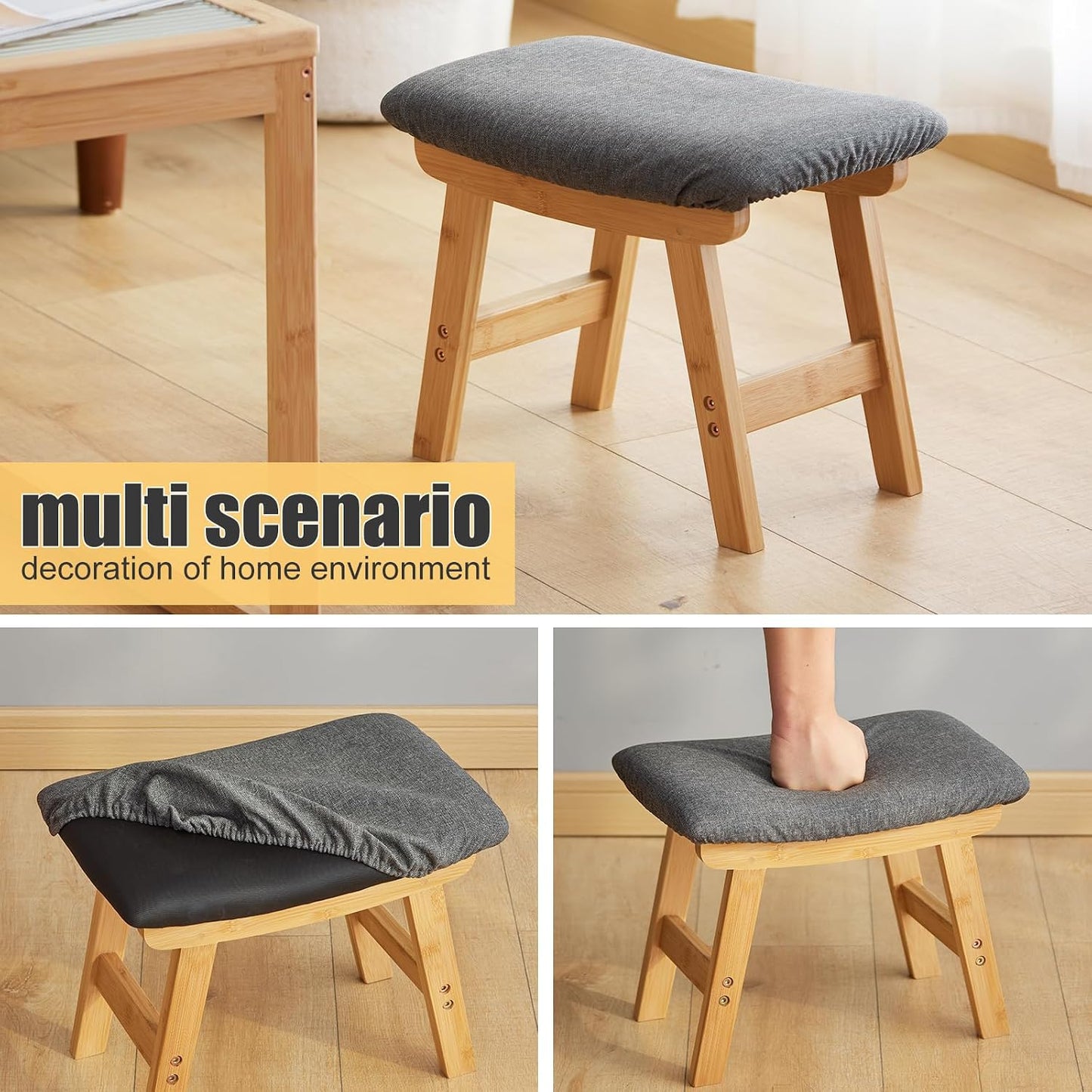 Foot Stool Ottoman Foot Rest Under Desk,Small Stool for Living Room, Bedroom and Kitchen (Brown Legs - Beige Stool Surface)