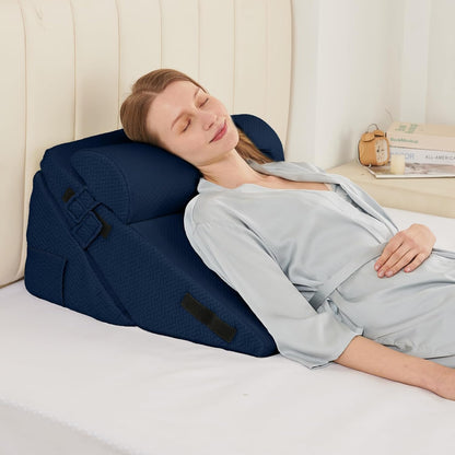 Sasttie Wedge Pillow Set for After Surgery, 2PCS Adjustable Bed Wedge Pillow Headboard with Memory Foam Neck Cushion – for Acid Reflux, Sleeping, Neck & Back Support, Dark Grey & White