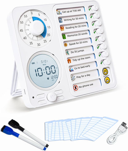 3-in-1 Visual Timer Task Timer with Chore Chart Board, ADHD Tool for Kids Adults Visual Schedule for Kids with Autism, Daily Checklist for Home, School, Classroom, Desk, Chore Chart
