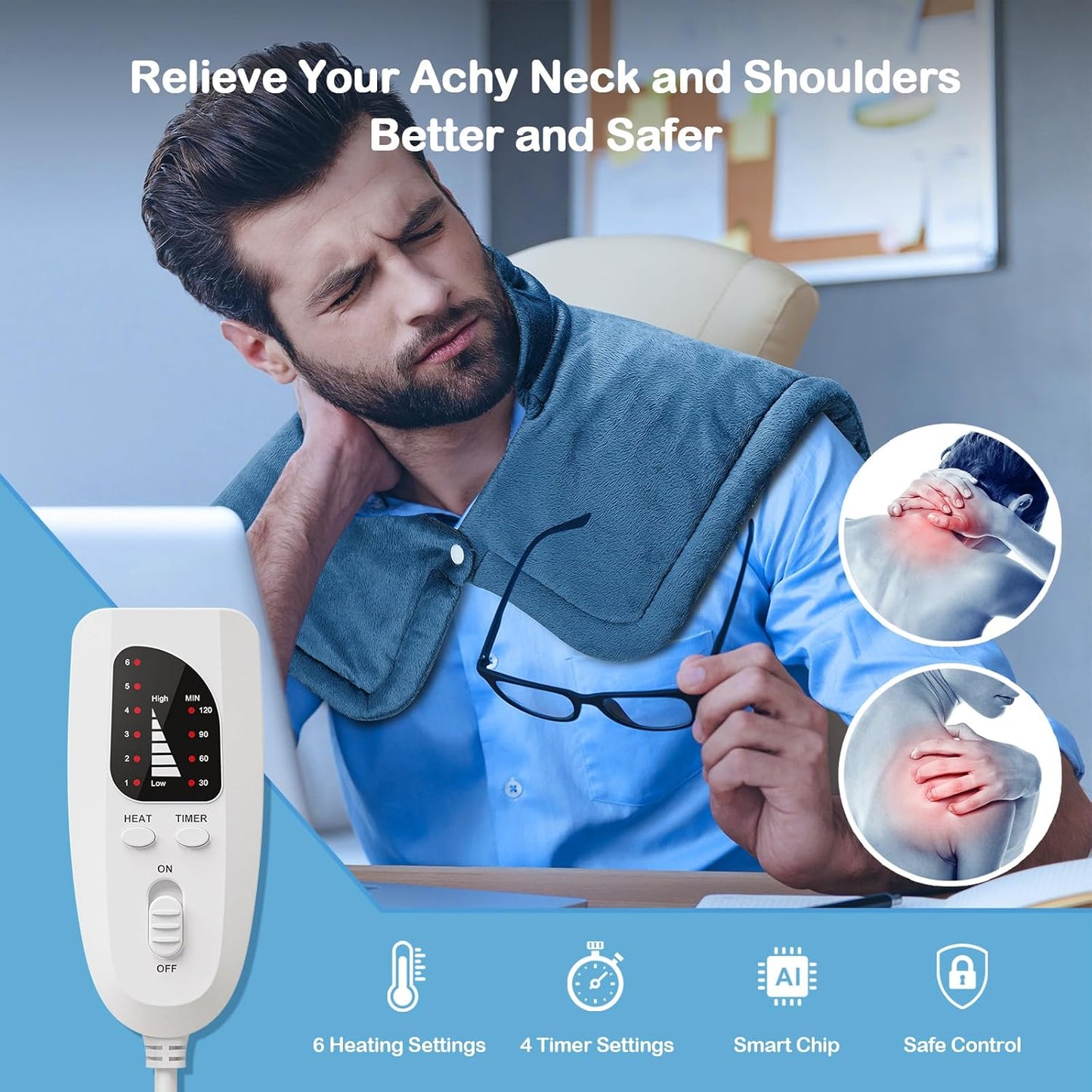NIUONSIX Heating Pad for Neck Shoulders Back Pain Relief, Weighted Heat Wrap for Home Office Relax, 6 Heat Settings 4 Auto-Off, Father's Day Dad Gifts for Men Husband Birthday Gifts for Women Mom
