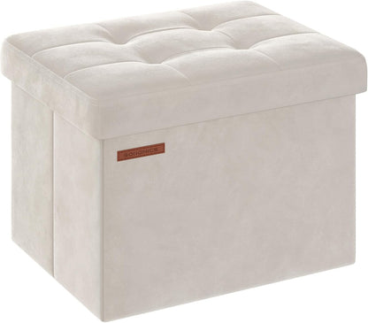 SONGMICS Small Folding Storage Ottoman, Foot Rest Stool, Cube Footrest, Synthetic Leather, 12.2 x 16.1 x 12.2 Inches, 286 lb Capacity, for Living Room, Bedroom, Dorm, Ink Black ULSF100B01