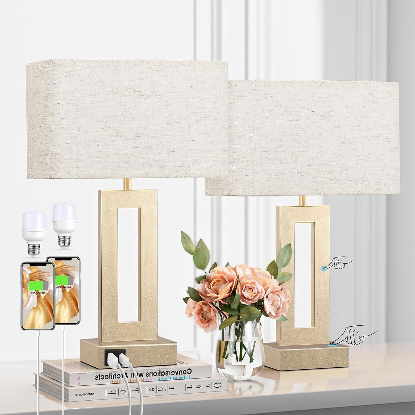Seealle Bedroom Table Lamps Set of 2 - Touch Bedside Lamps with USB C+A, 3 Way Dimmable Gold Lamp for Nightstand, Modern Night Stands Lamps for Living Room End Tables Desk Bed Side Study Room(16.4n)