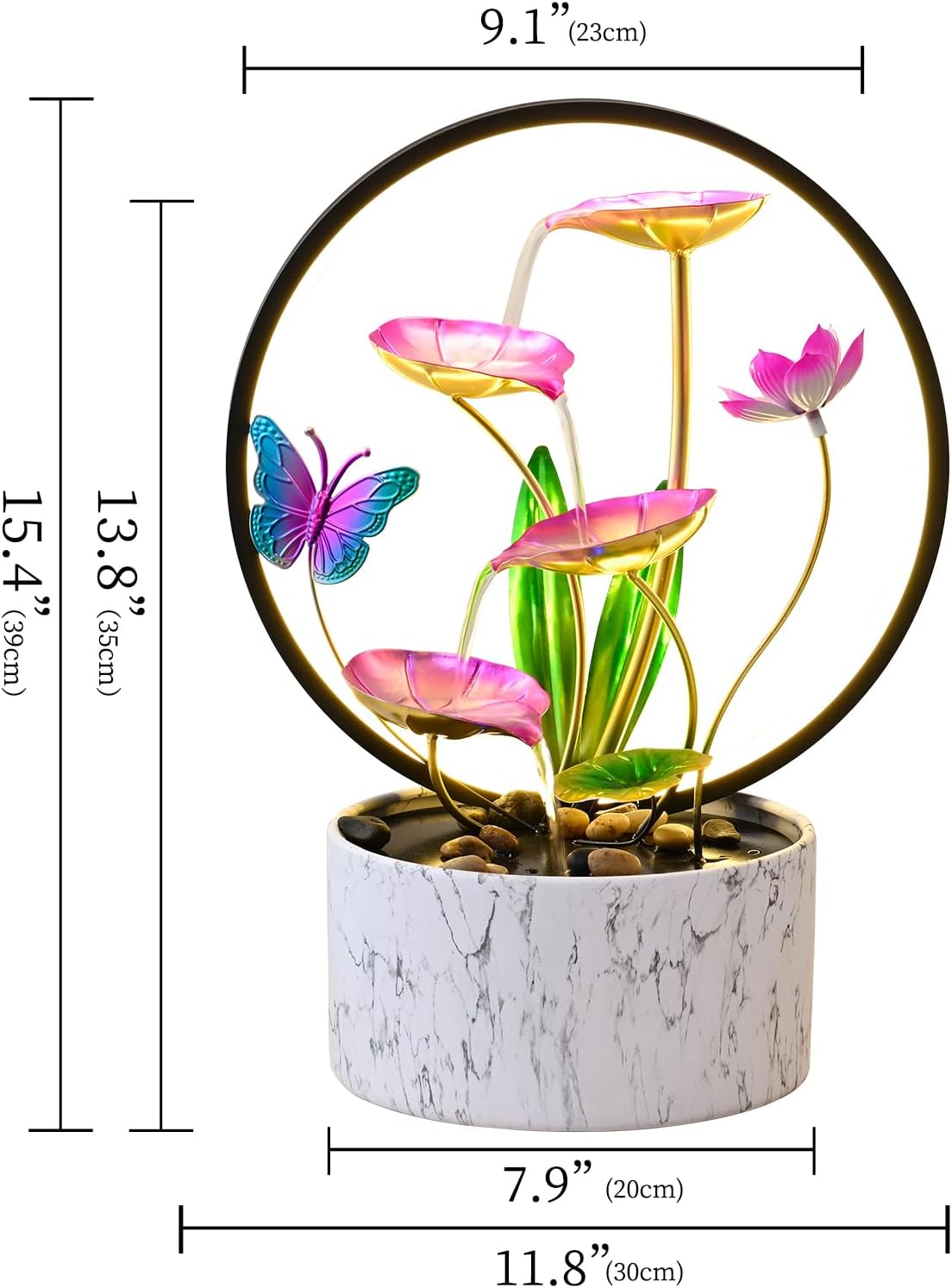 11‘’ H Pink Tabletop Water Fountain, Zen Desktop Waterfall, Indoor Lotus Desktop Decorative Fountain, Home Bathroom Bedroom Decor.