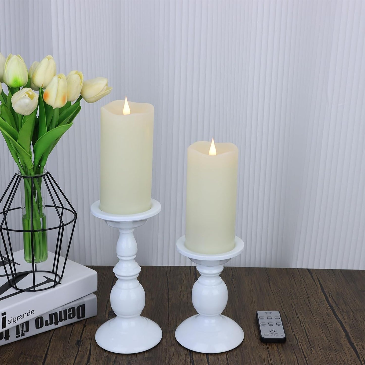 TECHLONG Flickering Flameless Candles with 3D Moving Flame, Last 1000+ Hours Battery Operated Candles with Timer, Ivory Real Wax Pillar Electric LED Candle for Wedding Christmas Party/3" x 5"