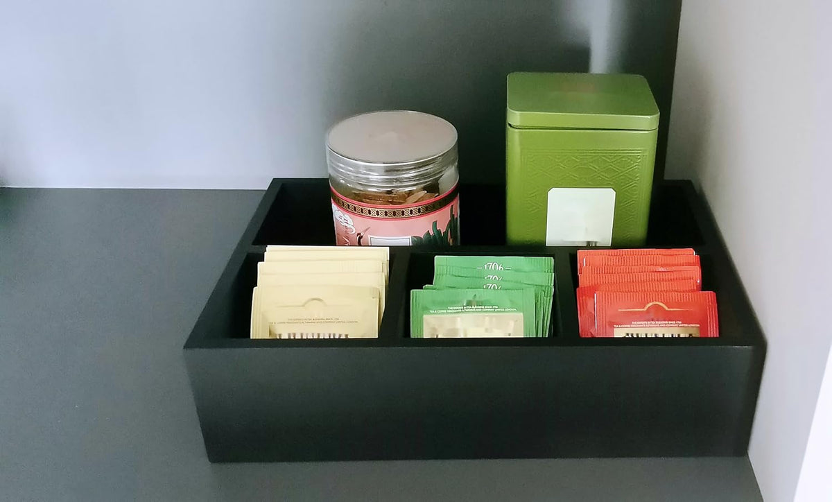Tea Bag Box Black 6 Compartments Tea Organizer Storage Wood Drawer Station