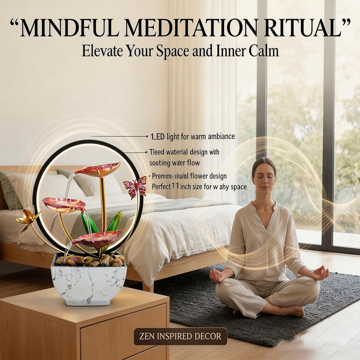 11‘’ H Pink Tabletop Water Fountain, Zen Desktop Waterfall, Indoor Lotus Desktop Decorative Fountain, Home Bathroom Bedroom Decor.