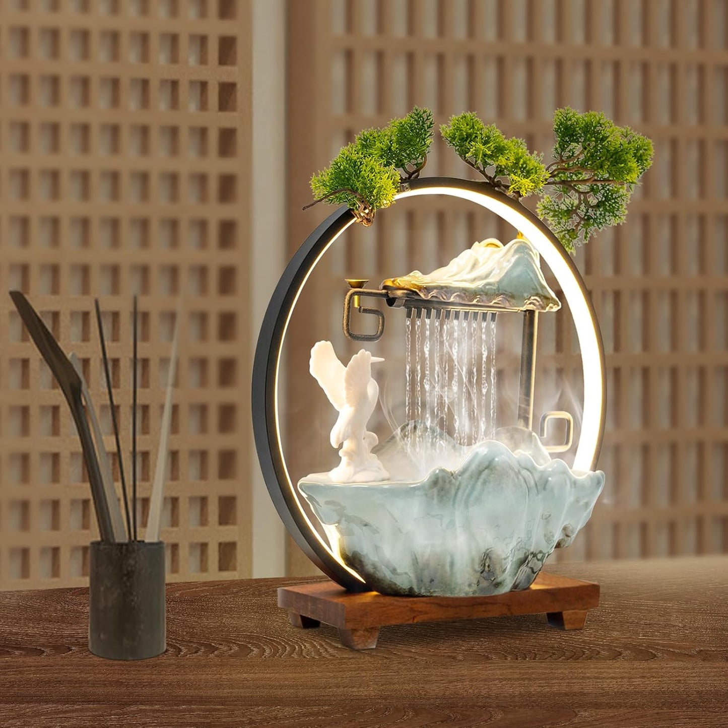 Mini Artificial Bonsai Tree Waterfall Fog Feature Rock Tabletop Fountain | 11in Desktop Decor Waterfall Fountain W/ Water Pump& Atomizer&LED Lights &Fake Tree Office Bedroom Relax