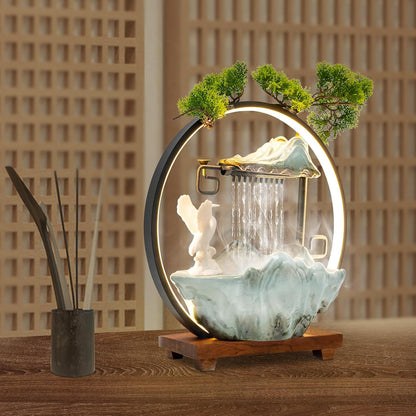 Mini Artificial Bonsai Tree Waterfall Fog Feature Rock Tabletop Fountain | 11in Desktop Decor Waterfall Fountain W/ Water Pump& Atomizer&LED Lights &Fake Tree Office Bedroom Relax