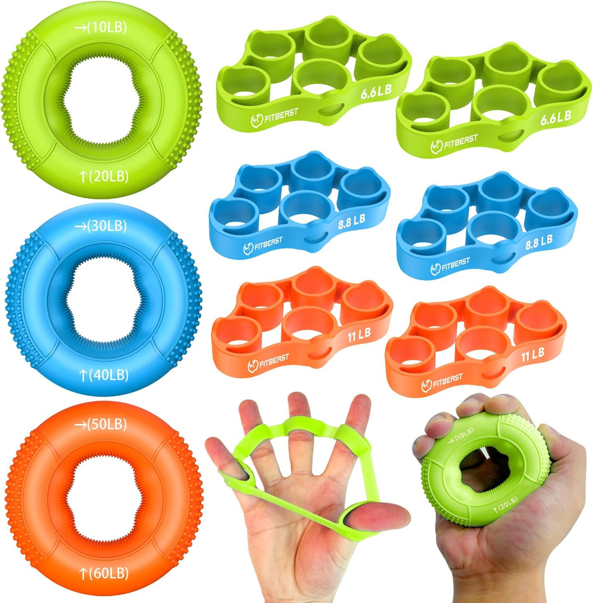 FitBeast Grip Strength Trainer, Finger Exerciser, Forearm Strengthener 9-Piece Kit, Hand Grip Strengthener Targeted Strength, Relief & Recovery