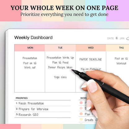 Weekly Dashboard To-Do List Notepad – Undated Weekly Planner with Habit Tracker & Notes – Minimalist A4 Layout for Productivity, Organization & Time Management (Colorful)